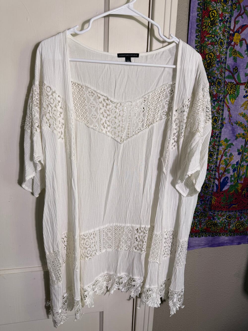 Signature Studio White Lace Tunic Top Boho Crochet Oversized - Large